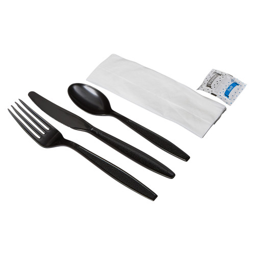 Victoria Bay 6PC Cutlery Kit PS Black Heavyweight With Napkin,Fork,Knife,Teaspoon,Salt & Pepper 250/Case