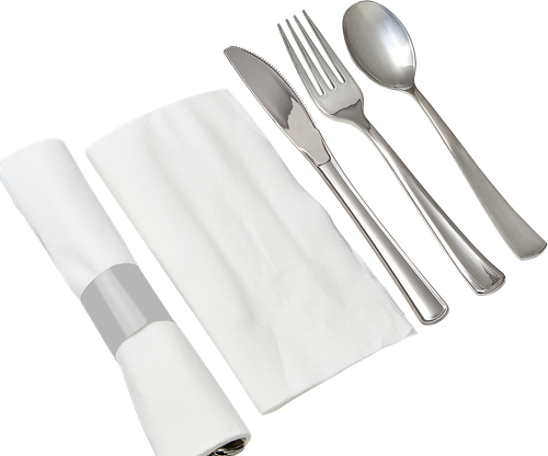 Victoria Bay 4PC Cutlery Kit PS Silver Heavy Pre-Rolled Banded With 15X16 Linen Feel Napkin,Fork,Knife,Teaspoon 100/Case