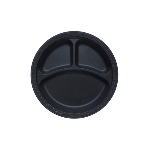 Pebble Box Plate 10.25 IN 3 Compartment PP Black Microwave Safe Grease Resistant 400/Case