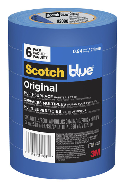 ScotchBlue™ 2090-24EP6 Painter's Tape Painter's Tape 24MM X55M Blue Crepe Paper Acrylic 6 Ct/Pack 24 Count/Case