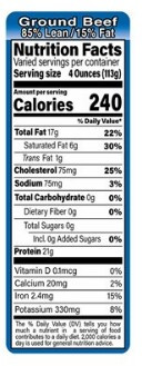 Ground Beef FDA 85/15 Label 1.5X4.125 IN Blue Black Rectangle Full Border Nutritional Facts 1000/Roll