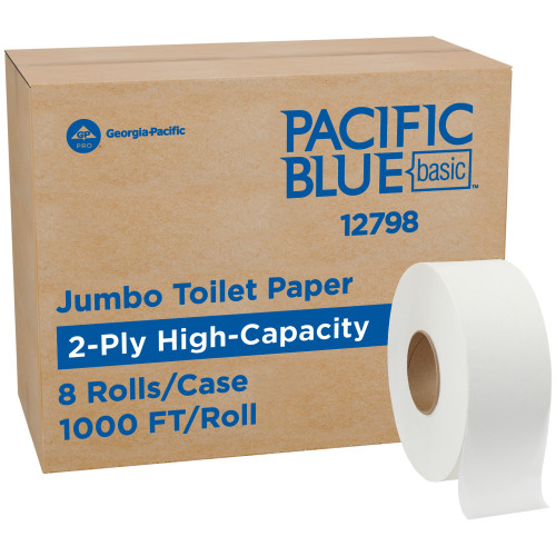 Pacific Blue Basic Toilet Paper & Tissue Roll 3.5IN X1000FT 2PLY White Jumbo (JRT) High Capacity 1000 Sheets/Roll 8 Rolls/Case