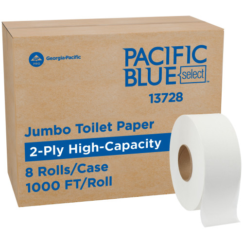 Pacific Blue Select Toilet Paper & Tissue Roll 3.3IN X1000FT 2PLY White Jumbo (JRT) 1000 Sheets/Roll 8 Rolls/Case