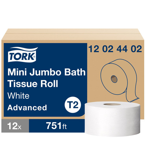 Tork Toilet Paper & Tissue Roll T2 3.48IN X751FT 2PLY White Mini Jumbo Roll Tissue (JRT) Refill 12 Rolls/Case