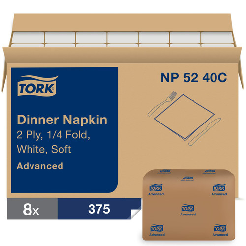 Tork Dinner Napkins 16.25X15 IN White Paper 2PLY 1/4 Fold Refill Embossed 375 Count/Pack 8 Packs/Case 3000 Count/Case