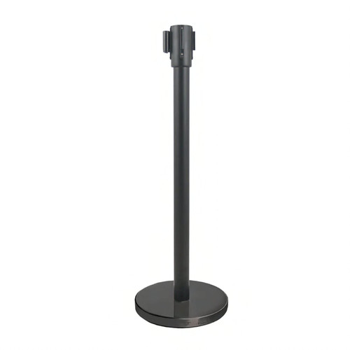 Retractable Belt Stanchion 36 IN Black Cast Iron Includes Post & Base 6.5 FT Retractable Belt 1/Each