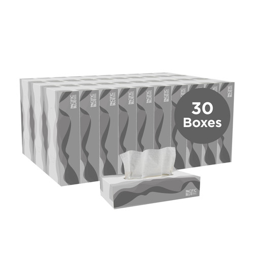Pacific Blue Basic Facial Tissue 8.4X7.5 IN 2PLY White 1/2 Fold Flat Box 100 Sheets/Pack 30 Packs/Case 3000 Sheets/Case