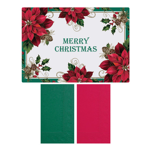 Placemat 10X14 IN Red Green Traditional Poinsettia Paper Tissue Paper With Napkin Combo 250 Count/Pack