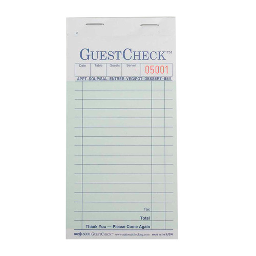Guest Check 6.75X3.5 IN Green 2-Part 2500/Case