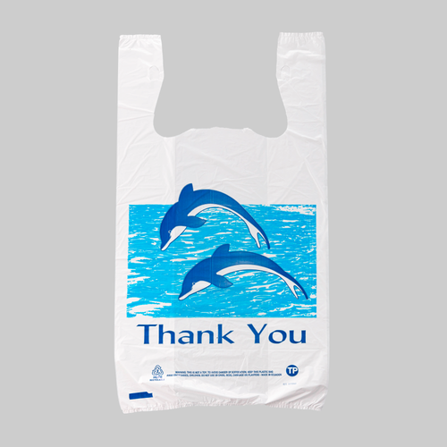 Bag 15.5X8X30 IN HDPE 16MIC Dolphin Thank You T-Sack 500/Case