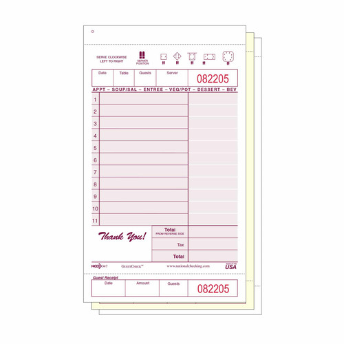 Guest Check 4.25X7.25 IN Paper Medium-Wide 3-Part Carbonless Booked 2000/Case