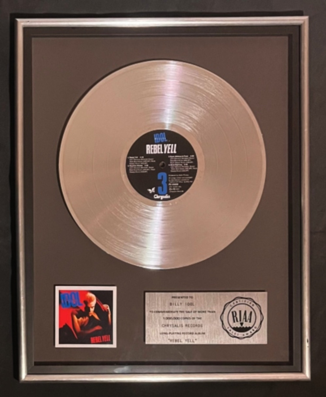 Billy Idol Rebel Yell LP Platinum RIAA Record Award Chrysalis Records
