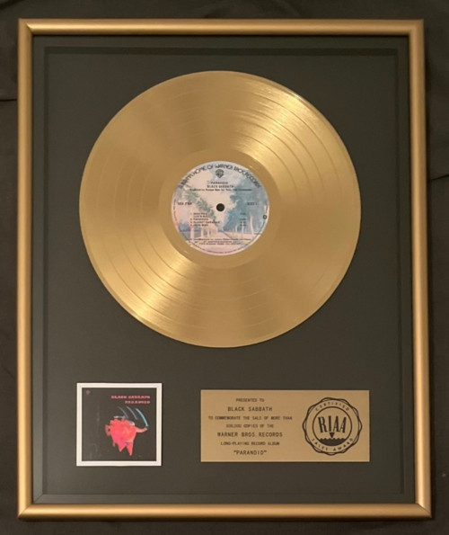 Black Sabbath Paranoid LP Gold RIAA Record Award Warner Brothers Records

