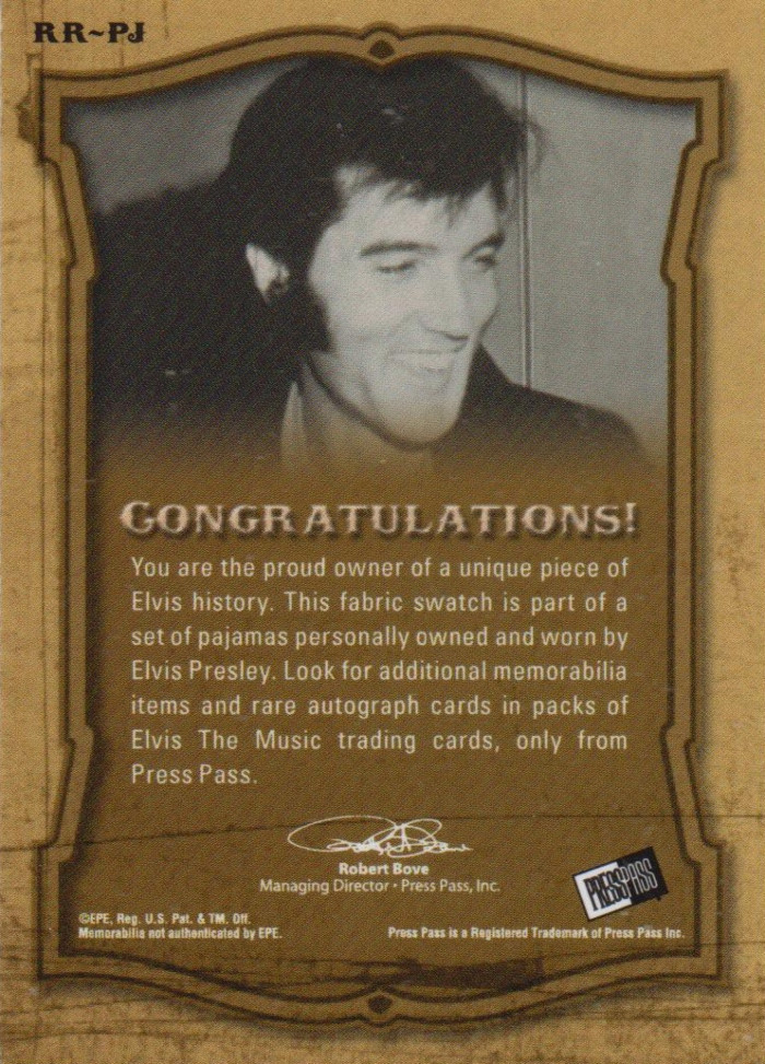 Elvis Presley Press Pass 2007 Trading Card RR-PJ Rock 'N Roll Relics Worn Pajamas Purple
