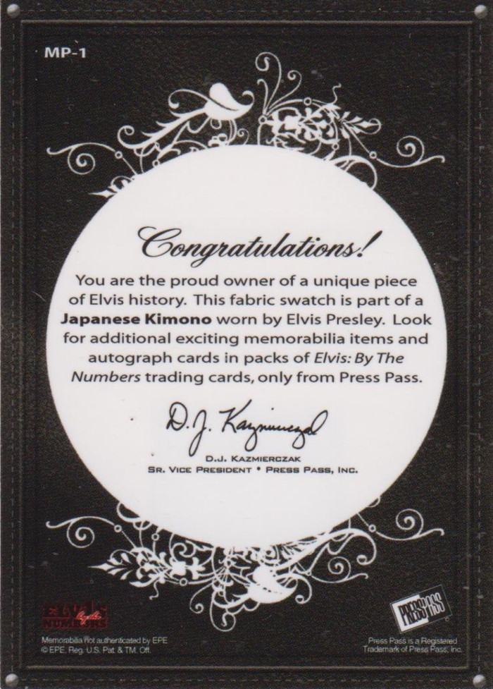 Elvis Presley Press Pass 2008 Trading Card MP-1 Elvis: By The Numbers Worn Japanese Kimono 
