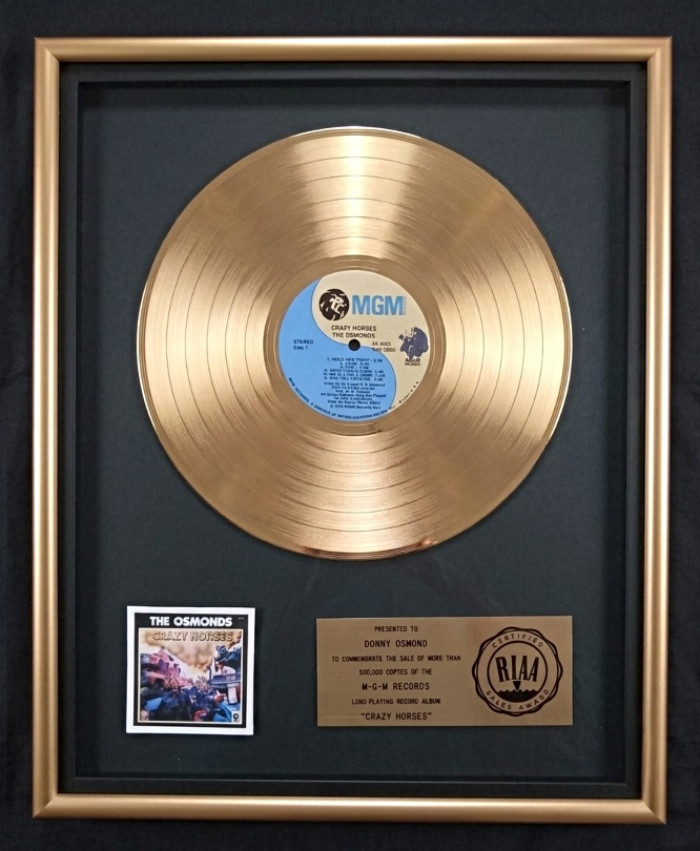 The Osmonds Crazy Horses LP Gold RIAA Record Award MGM Records To Donny Osmond