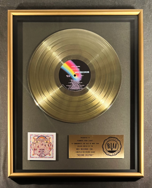 Lynyrd Skynyrd Second Helping LP Gold RIAA Record MCA Records To Ronnie Van Zant