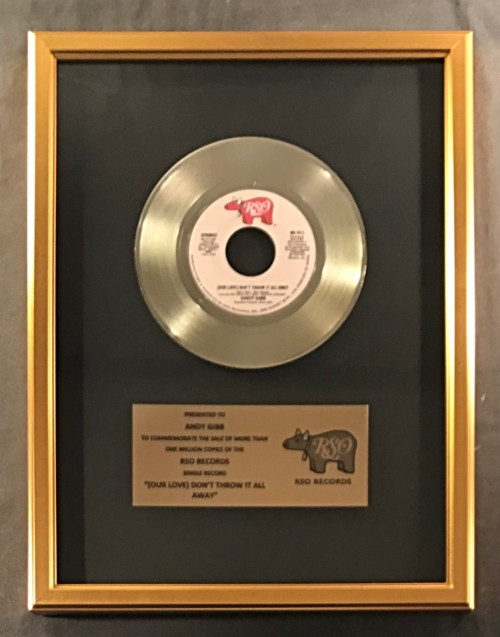 Andy Gibb (Our Love) Don't Throw It All Away 45 Gold Non RIAA Record Award RSO
