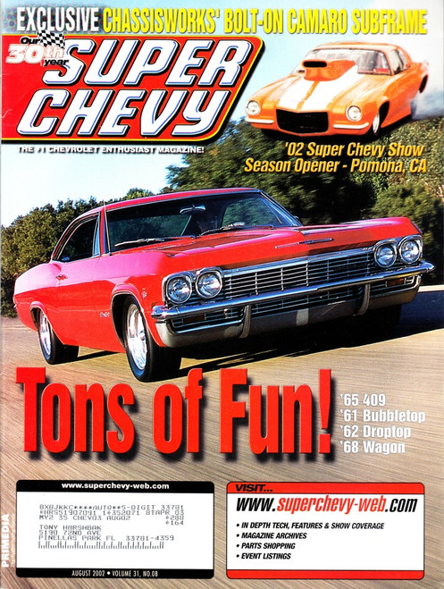 Super Chevy Magazine August 2002 Show Pomona CA, '65 409, '68 Wagon, '62 Droptop
