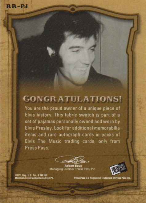 Elvis Presley Press Pass 2007 Trading Card RR-PJ Rock 'N Roll Relics Worn Pajamas Purple
