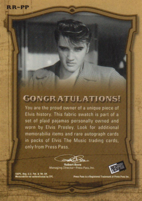 Elvis Presley Press Pass 2007 Trading Card RR-PP Rock 'N Roll Relics Worn Plaid Pajamas