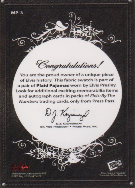 Elvis Presley Press Pass 2008 Trading Card MP-3 Elvis: By The Numbers Worn Plaid Pajamas (#2)