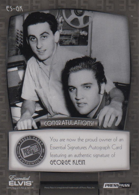 Elvis Presley Press Pass 2012 Trading Card ES-GK Essential Signature George Klein (#2)
