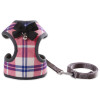 Pink Grey Plaid Bow Dog Harness & Lead Set