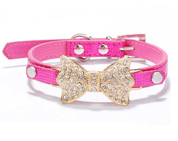 Magenta Rhinestone Bow Dog Collar