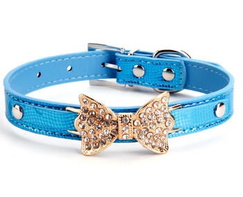 Blue Sparkly Rhinestones Bow Dog Collar