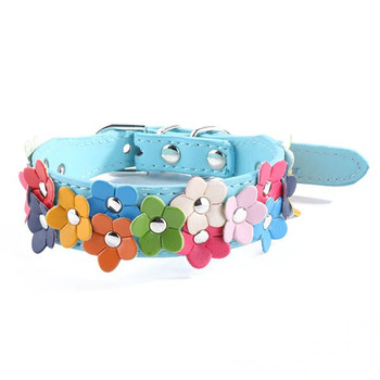 Blue PU Leather Flower Wide Dog Collar