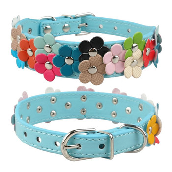 Blue PU Leather Flower Wide Dog Collar