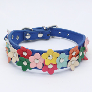 Dark Blue PU Leather Flower Wide Dog Collar