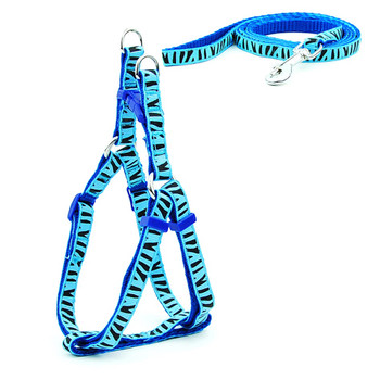 Blue Zebra Print Nylon Dog Harness & Lead Set