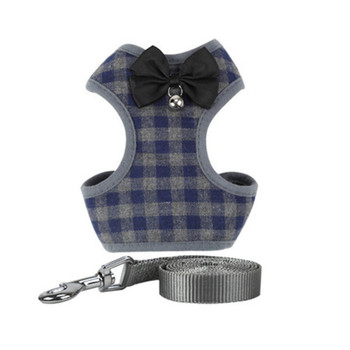 Blue Grey Plaid Bow Dog Harness & Lead Set