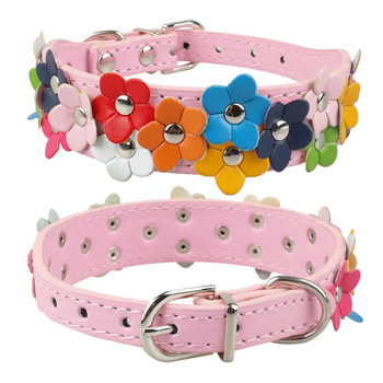 Pink PU Leather Flower Wide Dog Collar [Size S]