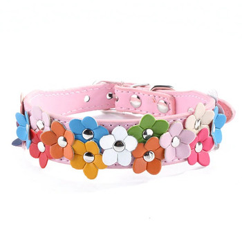 Pink PU Leather Flower Wide Dog Collar [Size S]
