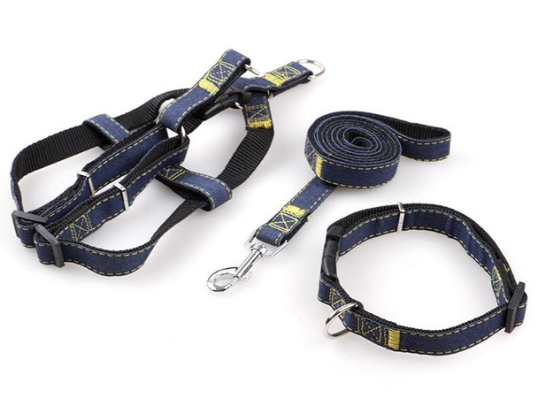 Black Blue Denim 3 Piece Dog Collar Harness & Lead Set