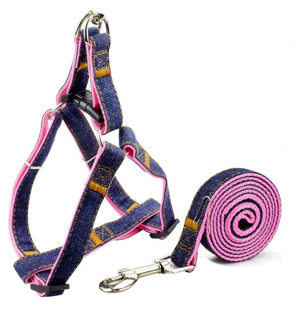 Pink Blue Denim Dog Harness & Lead Set