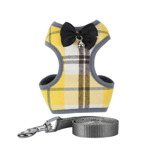 Yellow Grey Plaid Bow Dog Harness & Lead Set