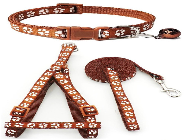 Small Brown Pawprint Nylon Dog Collar Harness & Lead Set