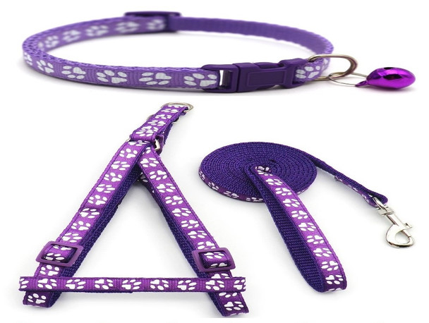 Small Purple Pawprint Nylon Dog Collar Harness & Lead Set