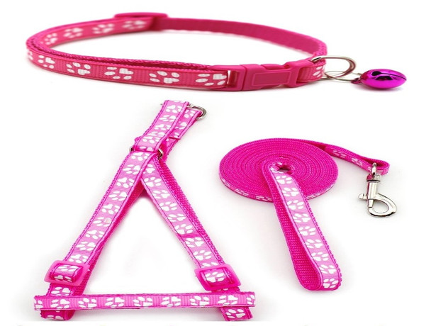 Small Rose Pink Pawprint Nylon Dog Collar Harness & Lead Set