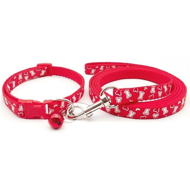 Small Red Bone Design Nylon Dog Collar & Lead Set