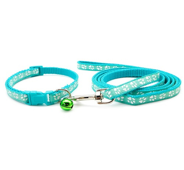 Small Turquoise Pawprint Nylon Dog Collar & Lead Set