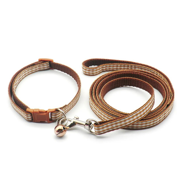 Small Brown White Check Nylon Dog Collar & Lead Set
