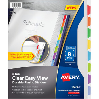Avery Clear Easy View Durable Plastic Dividers, 8 Multicolor Tabs, 1 Set (16741) - 8 / Set (AVE16741)