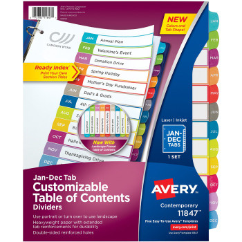 Avery Customizable Table of Contents Dividers, Ready Index(R) Printable Section Titles, 12 Preprinted Jan-Dec Arched Multicolor Tabs, 1 Set (11847) - 12 / Set (AVE11847)