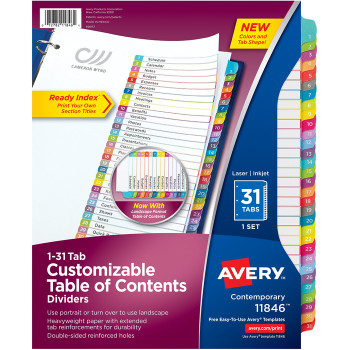 Avery Ready Index(R) 31-Tab Binder Dividers, Customizable Table of Contents, Contemporary Multicolor Tabs, 1 Set (11846) - 31 / Set (AVE11846)