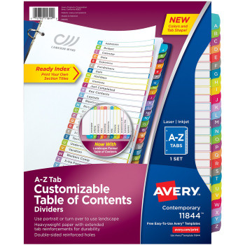 Avery Ready Index(R) A-Z Tab Binder Dividers, Customizable Table of Contents, Contemporary Multicolor Tabs, 1 Set (11844) - 26 / Set (AVE11844)